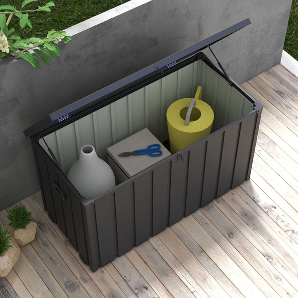 Coffre de rangement malle de jardin capacité 450L en métal avec vérin à gaz, roulettes et poignée - dim. 125,5L x 61,5l x 70H cm