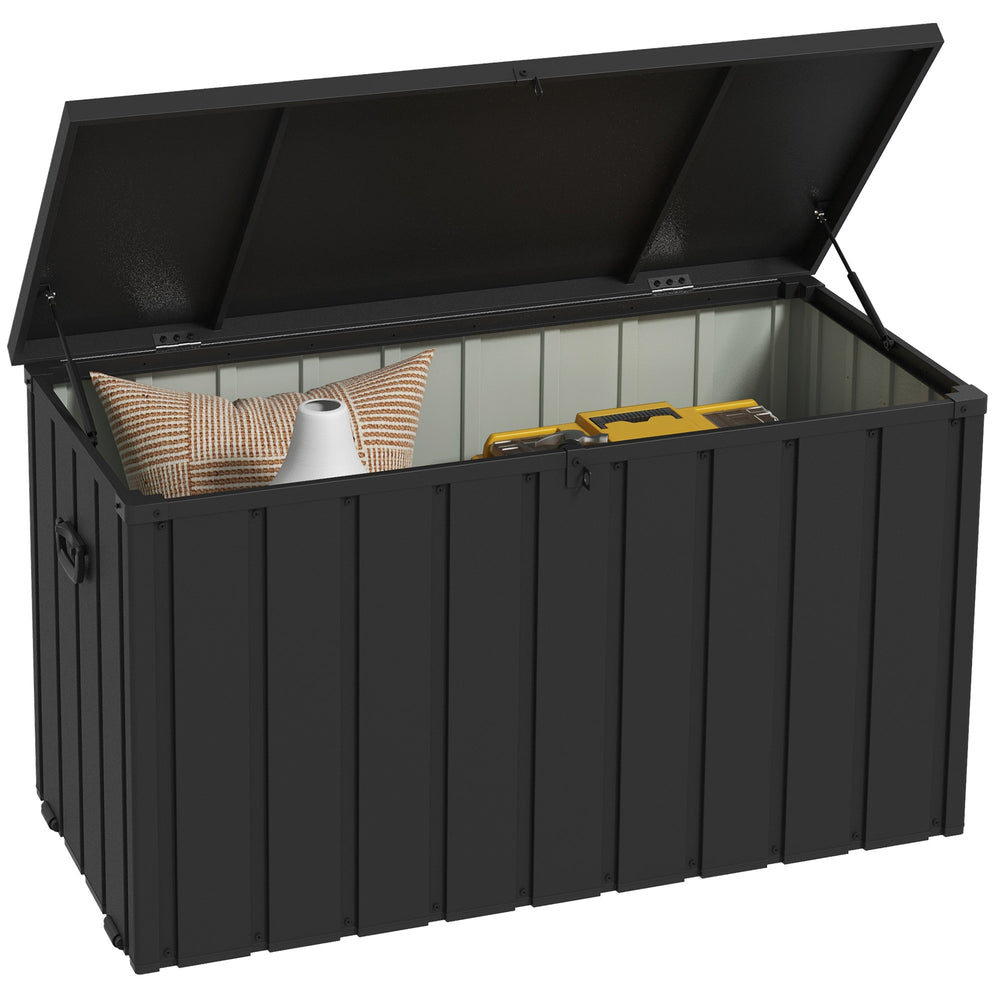 Coffre de rangement malle de jardin capacité 450L en métal avec vérin à gaz, roulettes et poignée - dim. 125,5L x 61,5l x 70H cm