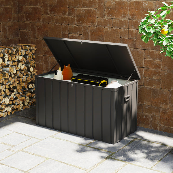 Coffre de rangement malle de jardin capacité 450L en métal avec vérin à gaz, roulettes et poignée - dim. 125,5L x 61,5l x 70H cm