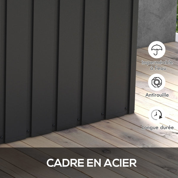 Coffre de rangement malle de jardin capacité 450L en métal avec vérin à gaz, roulettes et poignée - dim. 125,5L x 61,5l x 70H cm