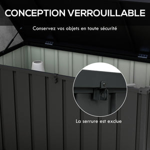 Coffre de rangement malle de jardin capacité 450L en métal avec vérin à gaz, roulettes et poignée - dim. 125,5L x 61,5l x 70H cm