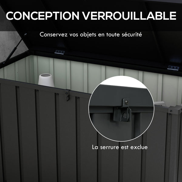 Coffre de rangement malle de jardin capacité 450L en métal avec vérin à gaz, roulettes et poignée - dim. 125,5L x 61,5l x 70H cm
