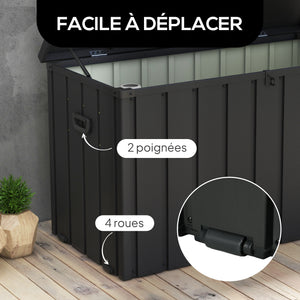 Coffre de rangement malle de jardin capacité 450L en métal avec vérin à gaz, roulettes et poignée - dim. 125,5L x 61,5l x 70H cm