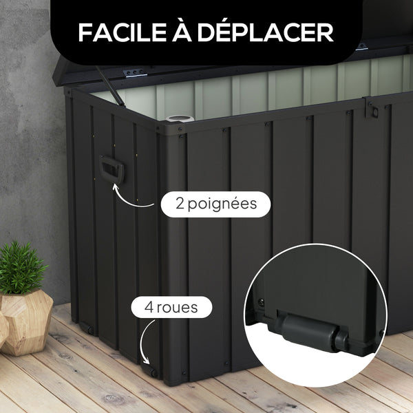 Coffre de rangement malle de jardin capacité 450L en métal avec vérin à gaz, roulettes et poignée - dim. 125,5L x 61,5l x 70H cm