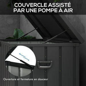 Coffre de rangement malle de jardin capacité 450L en métal avec vérin à gaz, roulettes et poignée - dim. 125,5L x 61,5l x 70H cm