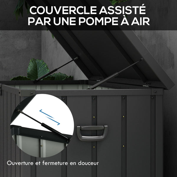 Coffre de rangement malle de jardin capacité 450L en métal avec vérin à gaz, roulettes et poignée - dim. 125,5L x 61,5l x 70H cm