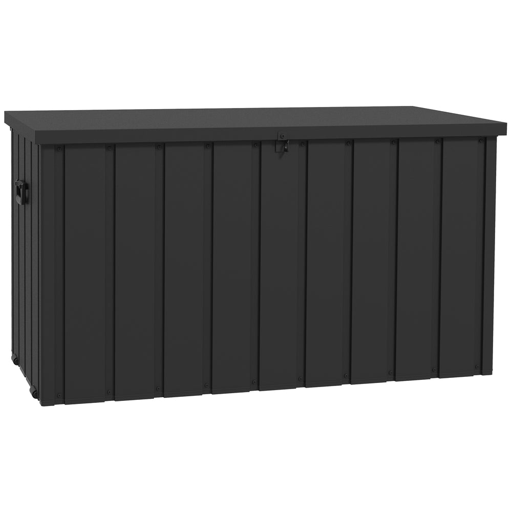 Coffre de rangement malle de jardin capacité 450L en métal avec vérin à gaz, roulettes et poignée - dim. 125,5L x 61,5l x 70H cm