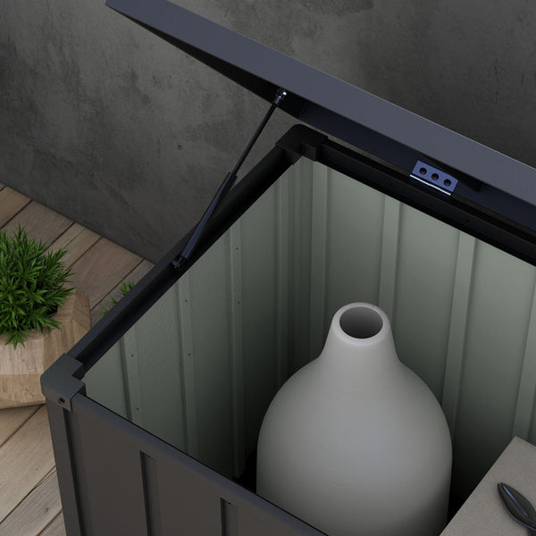 Coffre de rangement malle de jardin capacité 450L en métal avec vérin à gaz, roulettes et poignée - dim. 125,5L x 61,5l x 70H cm
