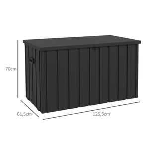 Coffre de rangement malle de jardin capacité 450L en métal avec vérin à gaz, roulettes et poignée - dim. 125,5L x 61,5l x 70H cm