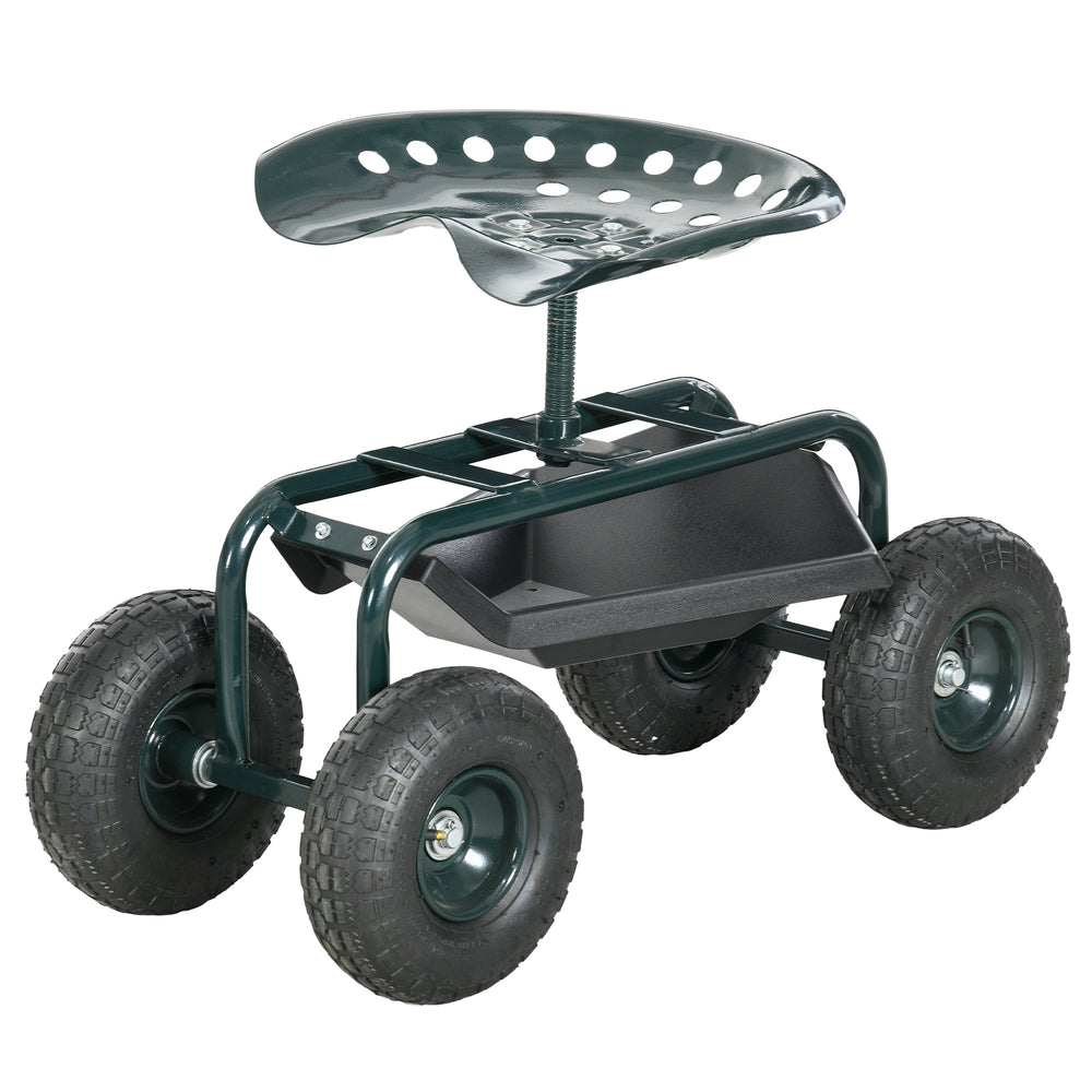 Siège de jardin siège de travail chaise roulante siège pivotant à 360° et réglable en hauteur avec plateau à outils charge max. 150 Kg vert