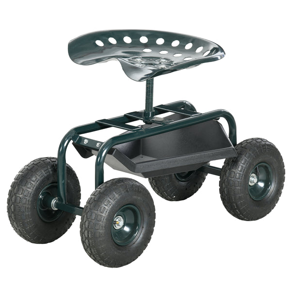 Siège de jardin siège de travail chaise roulante siège pivotant à 360° et réglable en hauteur avec plateau à outils charge max. 150 Kg vert