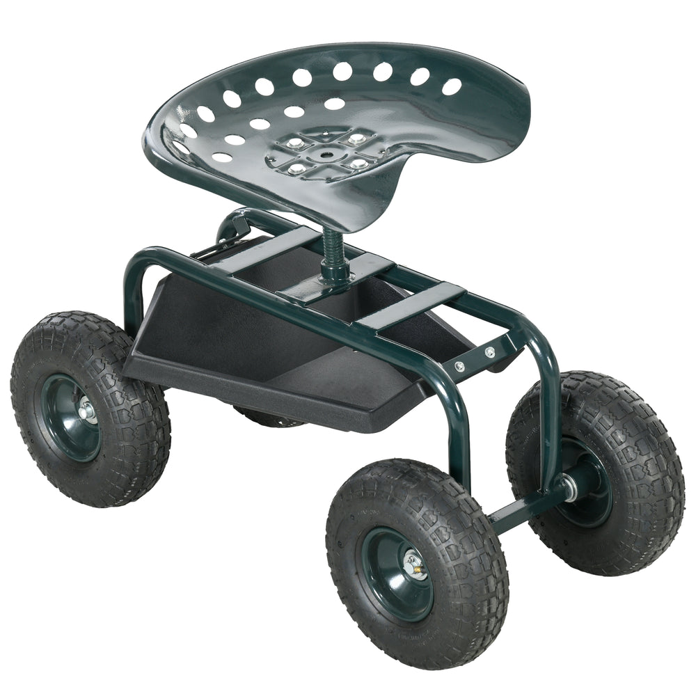 Siège de jardin siège de travail chaise roulante siège pivotant à 360° et réglable en hauteur avec plateau à outils charge max. 150 Kg vert