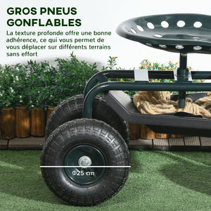 Siège de jardin siège de travail chaise roulante siège pivotant à 360° et réglable en hauteur avec plateau à outils charge max. 150 Kg vert