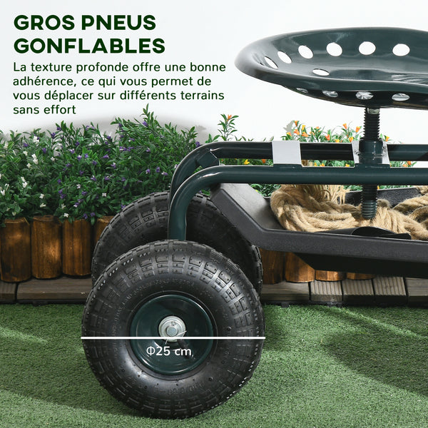 Siège de jardin siège de travail chaise roulante siège pivotant à 360° et réglable en hauteur avec plateau à outils charge max. 150 Kg vert