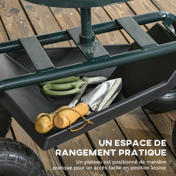 Siège de jardin siège de travail chaise roulante siège pivotant à 360° et réglable en hauteur avec plateau à outils charge max. 150 Kg vert