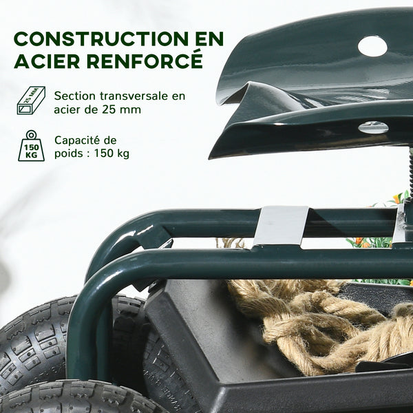 Siège de jardin siège de travail chaise roulante siège pivotant à 360° et réglable en hauteur avec plateau à outils charge max. 150 Kg vert
