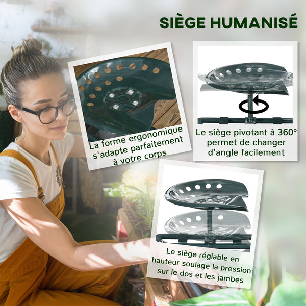 Siège de jardin siège de travail chaise roulante siège pivotant à 360° et réglable en hauteur avec plateau à outils charge max. 150 Kg vert