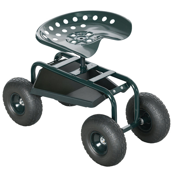 Siège de jardin siège de travail chaise roulante siège pivotant à 360° et réglable en hauteur avec plateau à outils charge max. 150 Kg vert