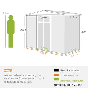 Abri de jardin en métal 2,7 m² cabane de jardin 246 x 117 x 180 cm cabanon rangement outils avec fenêtre, 4 évents et porte verrouillable, cabanon jardin extérieur en acier galvanisé, gris