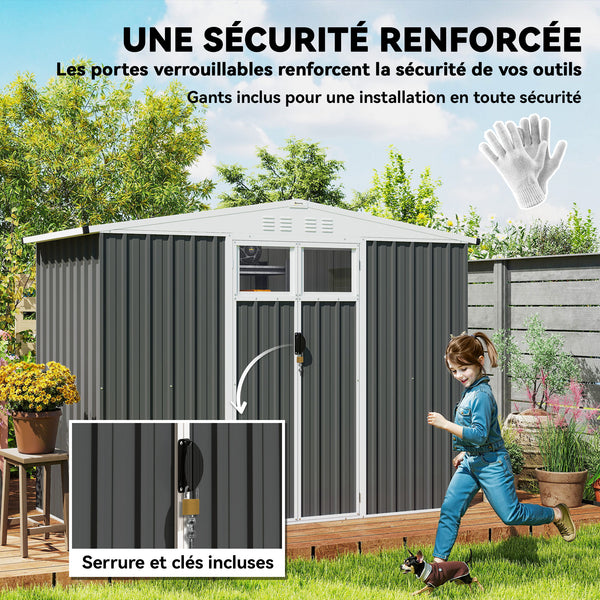 Abri de jardin en métal 2,7 m² cabane de jardin 246 x 117 x 180 cm cabanon rangement outils avec fenêtre, 4 évents et porte verrouillable, cabanon jardin extérieur en acier galvanisé, gris