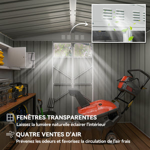 Abri de jardin en métal 2,7 m² cabane de jardin 246 x 117 x 180 cm cabanon rangement outils avec fenêtre, 4 évents et porte verrouillable, cabanon jardin extérieur en acier galvanisé, gris