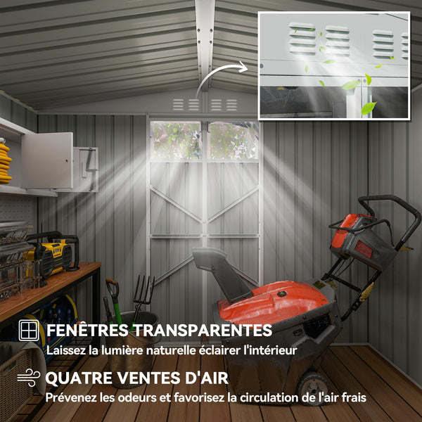 Abri de jardin en métal 2,7 m² cabane de jardin 246 x 117 x 180 cm cabanon rangement outils avec fenêtre, 4 évents et porte verrouillable, cabanon jardin extérieur en acier galvanisé, gris