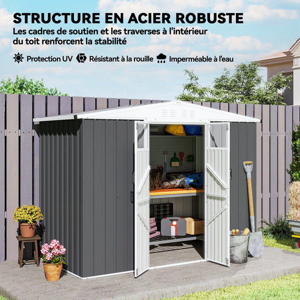Abri de jardin en métal 2,7 m² cabane de jardin 246 x 117 x 180 cm cabanon rangement outils avec fenêtre, 4 évents et porte verrouillable, cabanon jardin extérieur en acier galvanisé, gris