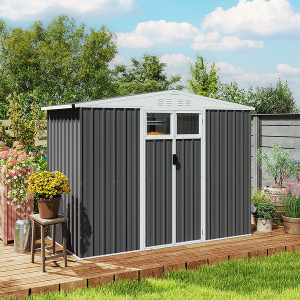 Abri de jardin en métal 2,7 m² cabane de jardin 246 x 117 x 180 cm cabanon rangement outils avec fenêtre, 4 évents et porte verrouillable, cabanon jardin extérieur en acier galvanisé, gris