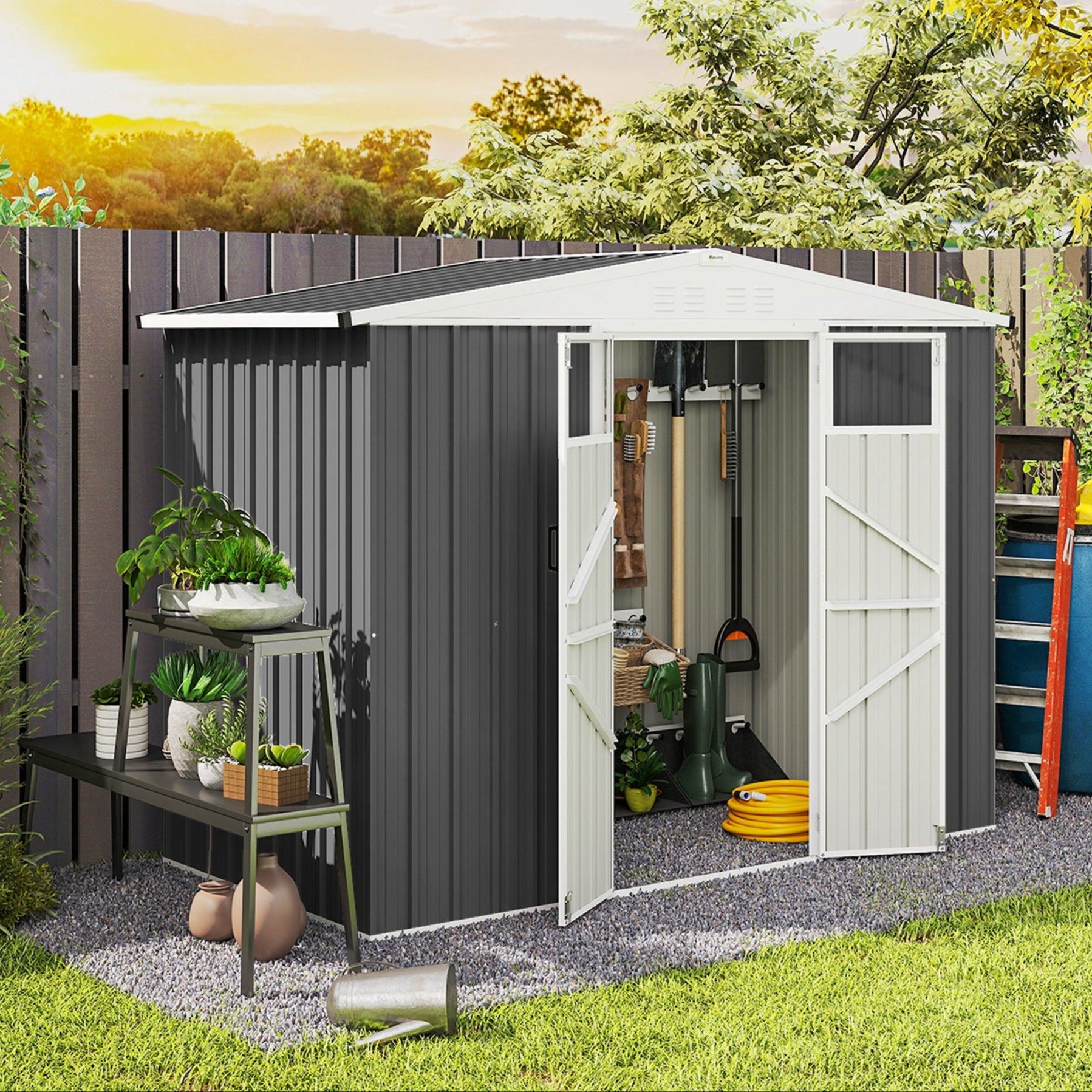Abri de jardin en métal 2,7 m² cabane de jardin 246 x 117 x 180 cm cabanon rangement outils avec fenêtre, 4 évents et porte verrouillable, cabanon jardin extérieur en acier galvanisé, gris