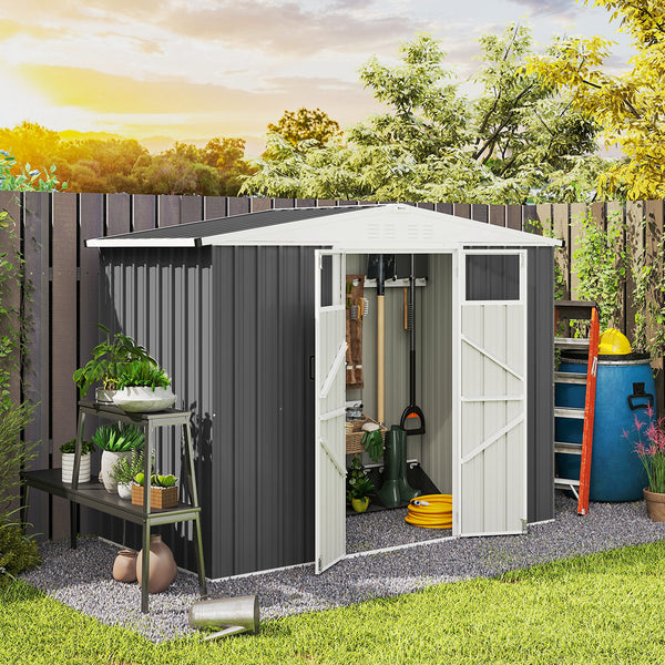 Abri de jardin en métal 2,7 m² cabane de jardin 246 x 117 x 180 cm cabanon rangement outils avec fenêtre, 4 évents et porte verrouillable, cabanon jardin extérieur en acier galvanisé, gris