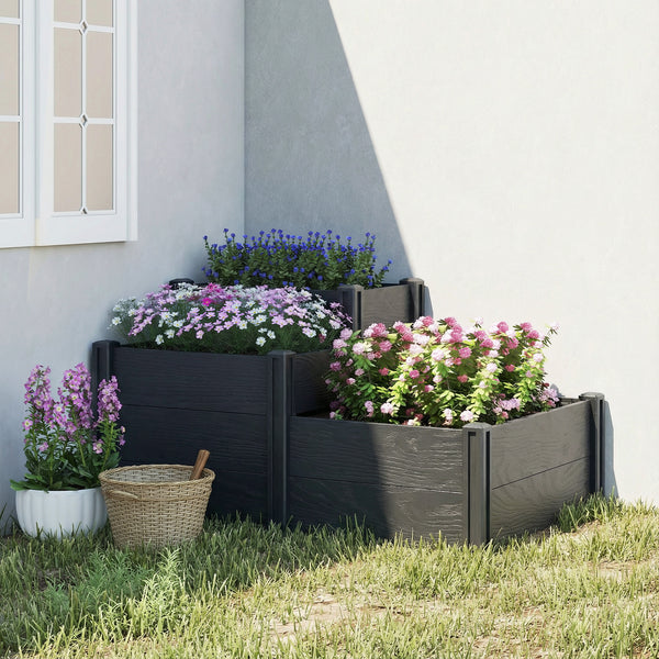 Jardinière surélevée, lit de jardin à 3 niveaux avec fond ouvert, carré potager de jardin pour fleurs, herbes, légumes, 120 x 80 x 64 cm, effet bois gris