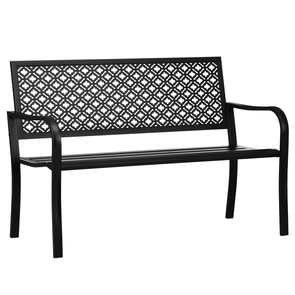 Banc de jardin, banc extérieur jardin en acier, avec dossier à motif floral, accoudoirs, pour 2 personnes, pour jardin, balcon, charge max. 240 kg, noir