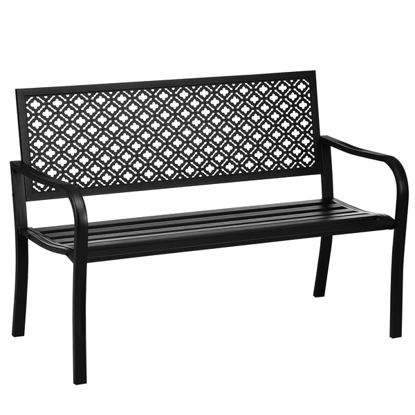 Banc de jardin, banc extérieur jardin en acier, avec dossier à motif floral, accoudoirs, pour 2 personnes, pour jardin, balcon, charge max. 240 kg, noir