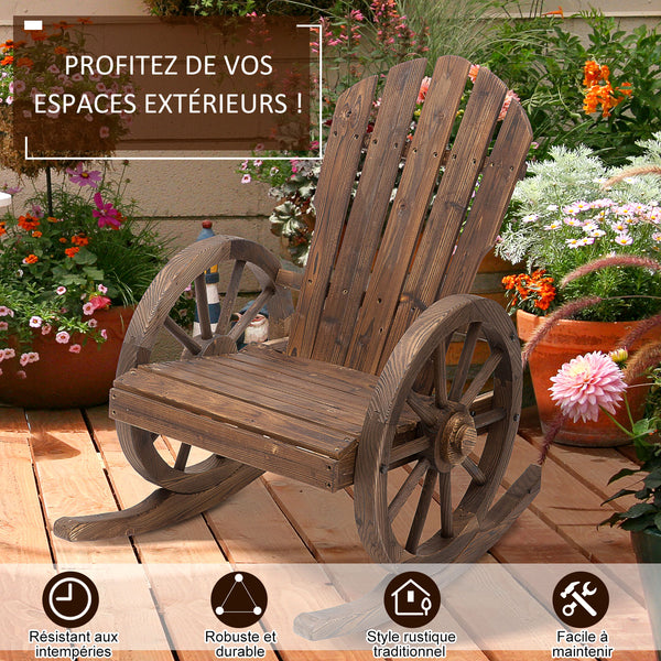 Fauteuil de Jardin Adirondack à Bascule Rocking Chair Style Rustique Chic accoudoirs Roues Charette Bois Sapin traité carbonisation