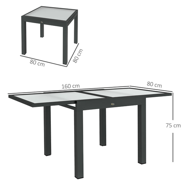 Table Extensible de Jardin Grande Taille dim. dépliées 160L x 80l x 75H cm Aluminium Gris foncé Plateau Verre trempé Transparent