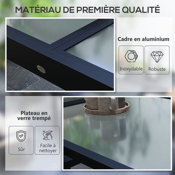 Table Extensible de Jardin Grande Taille dim. dépliées 160L x 80l x 75H cm Aluminium Gris foncé Plateau Verre trempé Transparent