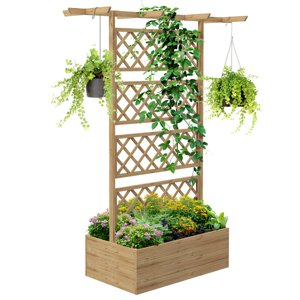 Jardinière avec treillis bac à fleurs potager sur pied en bois pour plantes grimpantes, légumes, fleurs - en bois de sapin pré-huilé dim. 160L x 55l x 183H cm effet bois naturel