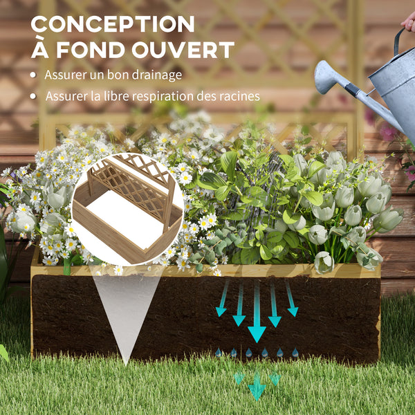 Jardinière avec treillis bac à fleurs potager sur pied en bois pour plantes grimpantes, légumes, fleurs - en bois de sapin pré-huilé dim. 160L x 55l x 183H cm effet bois naturel