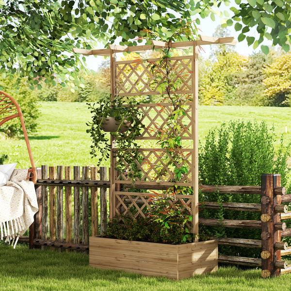 Jardinière avec treillis bac à fleurs potager sur pied en bois pour plantes grimpantes, légumes, fleurs - en bois de sapin pré-huilé dim. 160L x 55l x 183H cm effet bois naturel