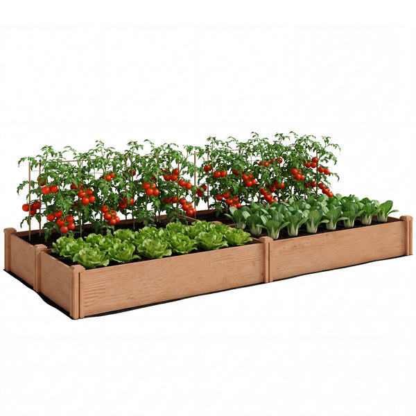 Carré Potager en Bois 234x109x25cm - Lit de Jardin Surélevé 4 Zones de Culture - Jardinière Extérieure à Fond Ouvert avec Montage sans Outil, pour Légumes, Fleurs, Marron Clair