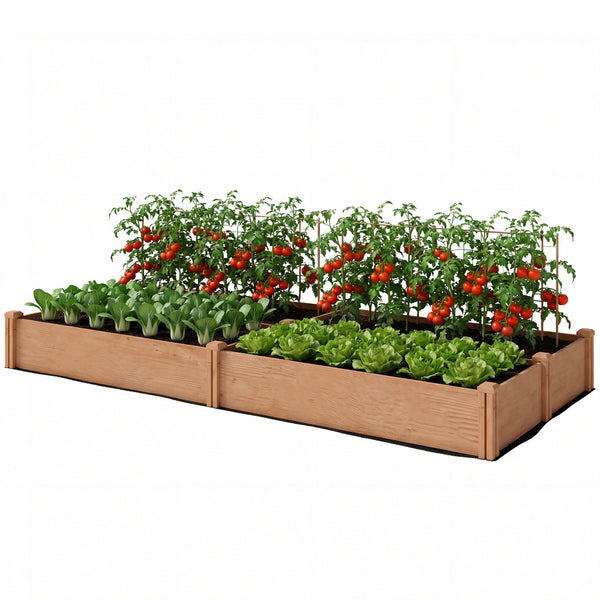 Carré Potager en Bois 234x109x25cm - Lit de Jardin Surélevé 4 Zones de Culture - Jardinière Extérieure à Fond Ouvert avec Montage sans Outil, pour Légumes, Fleurs, Marron Clair