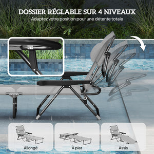 Bain de soleil chaise longue pliante avec appuie-tête, trou de lecture, dossier inclinable en textilène, transat jardin extérieur pour plage relax camping piscine terrasse, gris