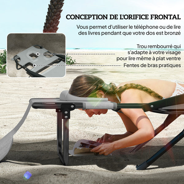 Bain de soleil chaise longue pliante avec appuie-tête, trou de lecture, dossier inclinable en textilène, transat jardin extérieur pour plage relax camping piscine terrasse, gris