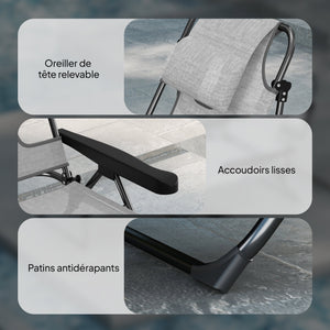 Bain de soleil chaise longue pliante avec appuie-tête, trou de lecture, dossier inclinable en textilène, transat jardin extérieur pour plage relax camping piscine terrasse, gris