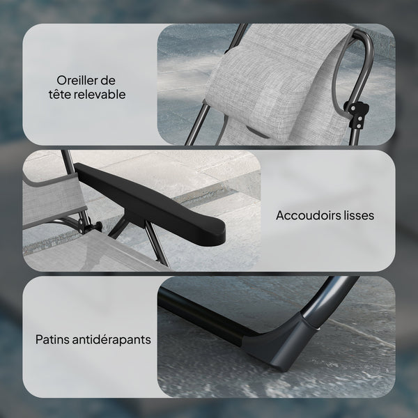 Bain de soleil chaise longue pliante avec appuie-tête, trou de lecture, dossier inclinable en textilène, transat jardin extérieur pour plage relax camping piscine terrasse, gris