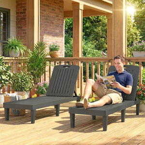 Lot de 2 chaises longues de jardin, en plastique PP avec plateau latéral, inclinables à 5 positions, tout temps, pour terrasse, piscine, jardin, plage, gris
