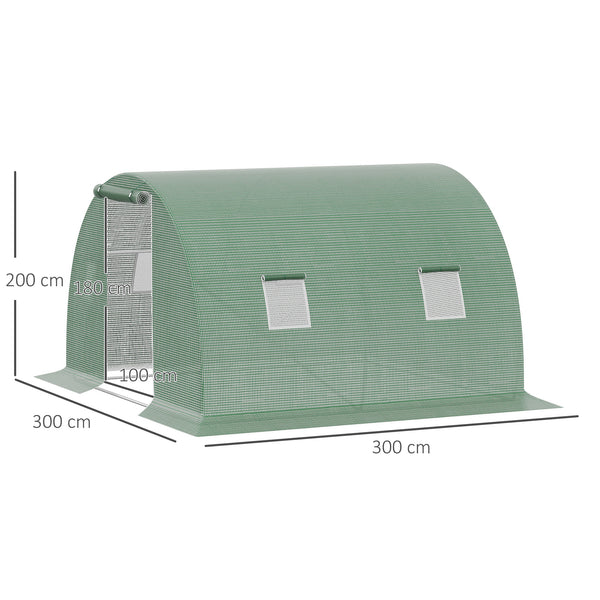 Serre de Jardin Tunnel 9 m² dim. 3L x 3l x 2H m - 4 fenêtres, Porte zippée Enroulable - châssis Tubulaire Acier galvanisé, bâche PE Haute densité Vert