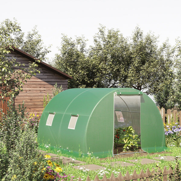 Serre de Jardin Tunnel 9 m² dim. 3L x 3l x 2H m - 4 fenêtres, Porte zippée Enroulable - châssis Tubulaire Acier galvanisé, bâche PE Haute densité Vert