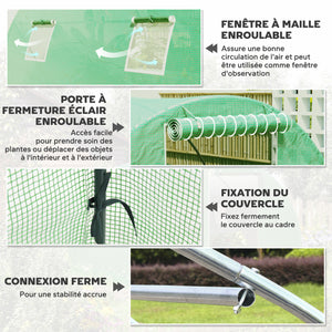 Serre de Jardin Tunnel 9 m² dim. 3L x 3l x 2H m - 4 fenêtres, Porte zippée Enroulable - châssis Tubulaire Acier galvanisé, bâche PE Haute densité Vert