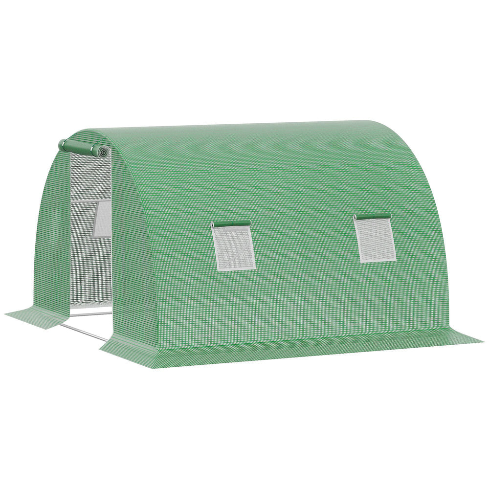 Serre de Jardin Tunnel 9 m² dim. 3L x 3l x 2H m - 4 fenêtres, Porte zippée Enroulable - châssis Tubulaire Acier galvanisé, bâche PE Haute densité Vert